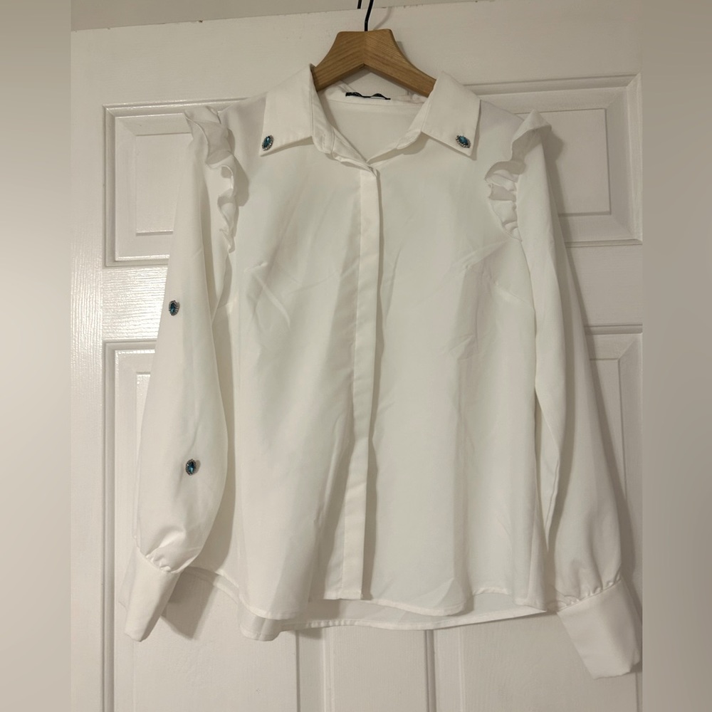 SHEIN new no tags beautiful white shirt with blue eye details